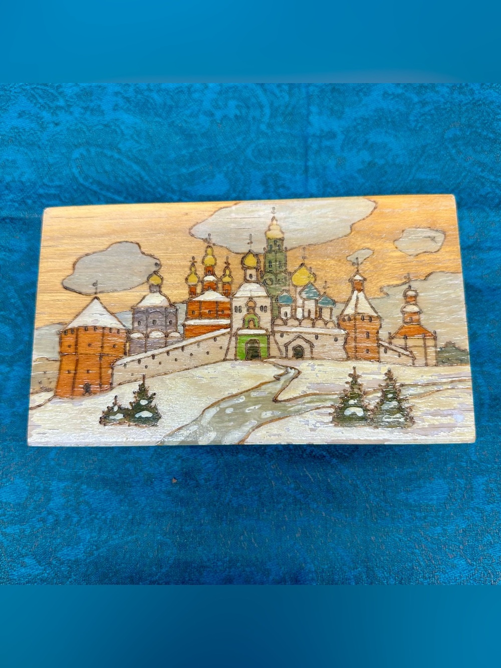 Hand Carved & Painted Soviet USSR Carved Pyrography Wooden Jewelry Trinket Box